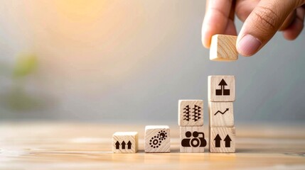 Aufkleber - A hand carefully places a wooden block atop others, symbolizing growth and progress. This image captures the essence of teamwork and strategy in business. Ideal for marketing and planning. AI