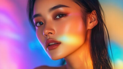 Canvas Print - A Close-Up Portrait of a Young Woman with Vibrant Rainbow Lighting