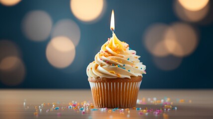 Delicious birthday cupcake on table with light background for festive celebrations and sweet treat inspiration

