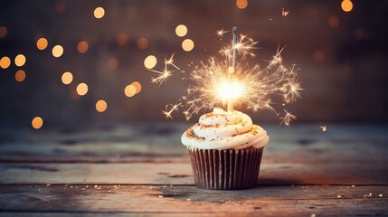 Wall Mural - Festive cupcake with sparkler on rustic wooden background – perfect for birthday celebrations and party decor


