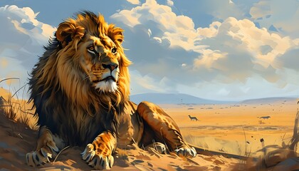 Majestic lion resting in expansive desert landscape of African savannah, symbolizing wildlife conservation in Kenyas national reserve, perfect for banner or poster design