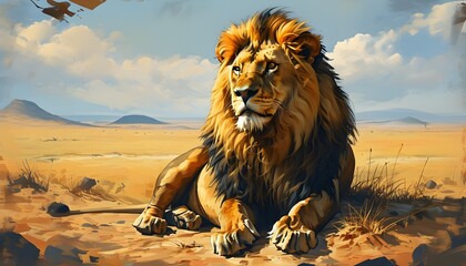 Majestic lion resting in expansive desert landscape of African savannah, symbolizing wildlife conservation in Kenyas national reserve, perfect for banner or poster design