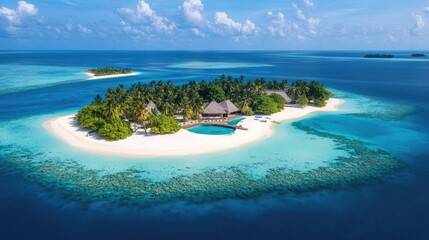 A tropical island with white sandy beaches, palm trees, and a crystal-clear blue lagoon under a cloudless sky