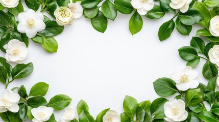 Sticker - White Flowers and Green Leaves Border Frame