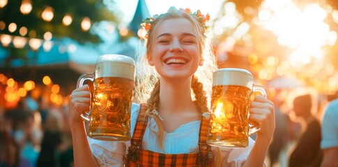 Wall Mural - Oktoberfest.  Beautiful young woman in traditional dress holding two beer mugs at a German-themed festival, laughing and enjoying the party on the street with a blurred crowd background