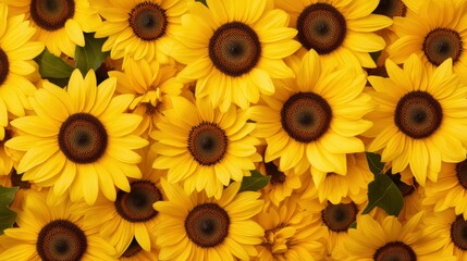 Sticker - Close Up of Bright Yellow Sunflowers with Green Leaves