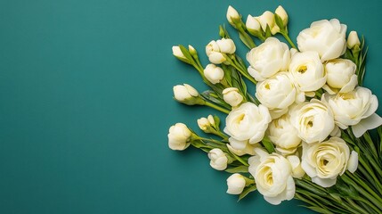 Wall Mural - White Ranunculus Bouquet on Teal Background