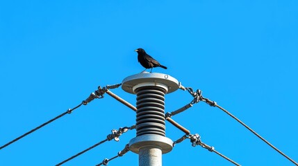 High-voltage electrical insulators on a transmission line, with a bird perched on a wire and blue sky