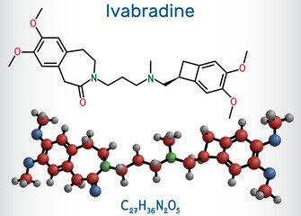 Sticker - Ivabradine molecule. It is angina pectoris drug. Structural chemical formula and molecule model.