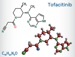 Poster - Tofacitinib drug molecule. It is used to treat rheumatic arthritis RA, psoriatic arthritis PsA. Structural chemical formula, molecule model. Vector