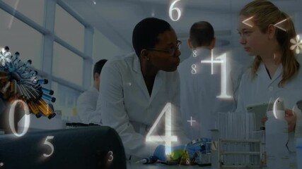 Poster - Animation of data and numbers over diverse scientists in laboratory