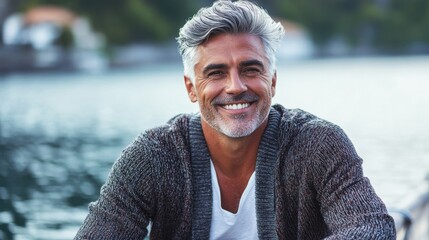 Sticker - Handsome Mature Man Smiling by Lake Outdoors