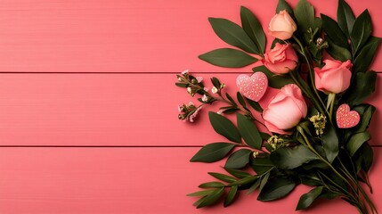 Sticker - Pink Roses and Hearts on a Pink Wooden Background