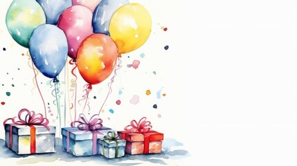 Wall Mural - Watercolor illustration of a festive birthday celebration with colorful balloons, streamers, and a decorative invitation card, perfect for party themes, event invitations, and holiday greetings


