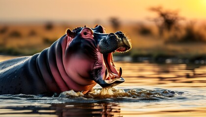 Majestic hippopotamus yawning at sunset in serene waters of Kenyan savannah, highlighting wildlife conservation and natural beauty in a vibrant ecosystem