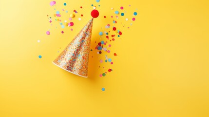 Wall Mural - Vibrant holiday decor featuring multicolored confetti and colorful party hat on bright yellow background for festive birthday celebrations and cheerful party themes

