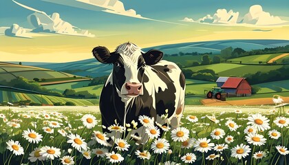 Wall Mural - Stylized illustration of a cow grazing in a vibrant daisy field, capturing the essence of agriculture and the farming lifestyle. Perfect for banners and posters.