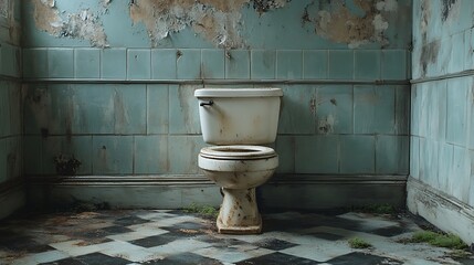 Wall Mural - A vintage toilet in a dilapidated bathroom with peeling paint and a checkered floor.