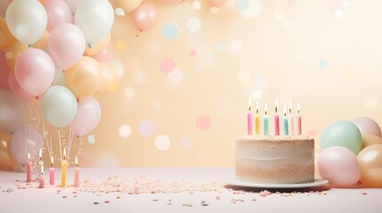 Wall Mural - Light pastel birthday celebration background with a cake and candles on the right side, balloon and confetti decorations on the left, perfect for festive invitations or party announcements


