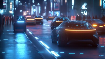 Wall Mural - Futuristic Car Driving Through a City at Night with Neon Lights