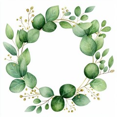 A single cute sage and eucalyptus wreath with soft green tones and a joyful smile, watercolor illustration, clipart, isolated on pure white background