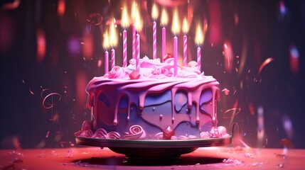 Wall Mural - Realistic 3d render of a pink birthday cake with candles, digital illustration, and cg artwork for celebrations and special occasions


