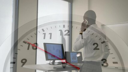 Poster - Animation of clock moving over biracial businessman talking on smartphone in office