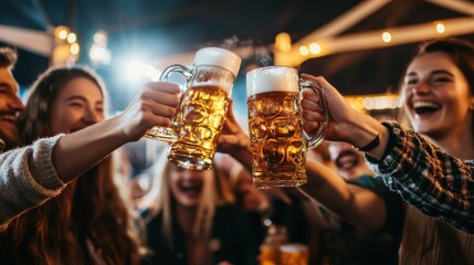 Friends Toasting With Beer Mugs at a Festive Gathering