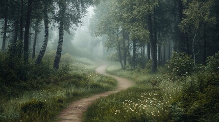 Poster - Misty Forest Path with Stone Path