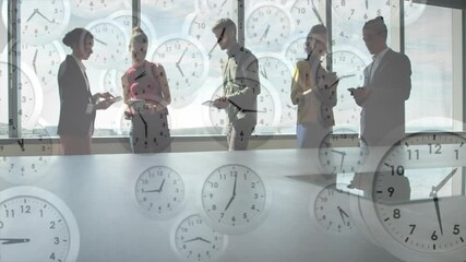 Poster - Animation of clocks moving over diverse colleagues discussing work in office