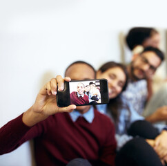 Poster - Hands, phone screen and students for selfie, smile or funny face with diversity for photography at college. Men, women and friends for profile picture, education or memory on floor for social media