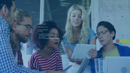 Poster - Animation of data processing over diverse colleagues discussing work in office