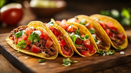 Beef taco with a rustic charm and moody elegance, featuring warm earthy tones. Soft and dreamy lighting highlights Mexican tacos filled with beef, tomatoes, and cheese.