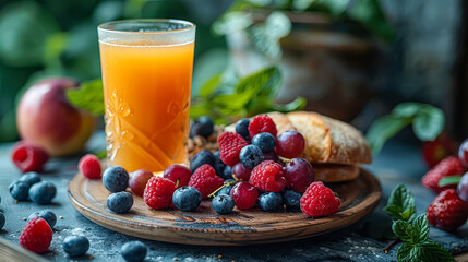 A glass of orange juice is on a wooden table with a plate of berries