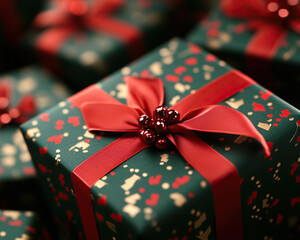 A beautifully wrapped gift box adorned with a red ribbon, perfect for festive celebrations and holiday joy.