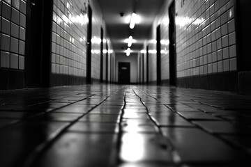 Wall Mural - A dark, moody hallway with shining tiles and glowing lights, creating an eerie yet intriguing atmosphere.