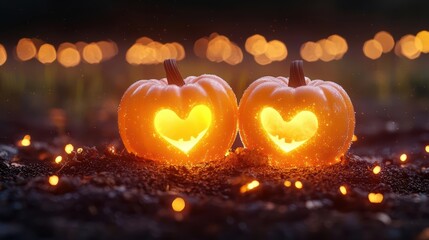 Ghostly footsteps in the dirt glowing as chubby cute pumpkins enjoy heartshaped icecream, Halloween love in the air, 3D illustration