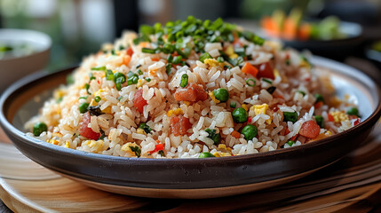 Wall Mural - A bowl of rice with meat and vegetables.