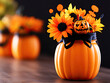 © nitnicha - Charming autumn centerpiece featuring a pumpkin filled with vibrant sunflowers and a playful pumpkin decoration.