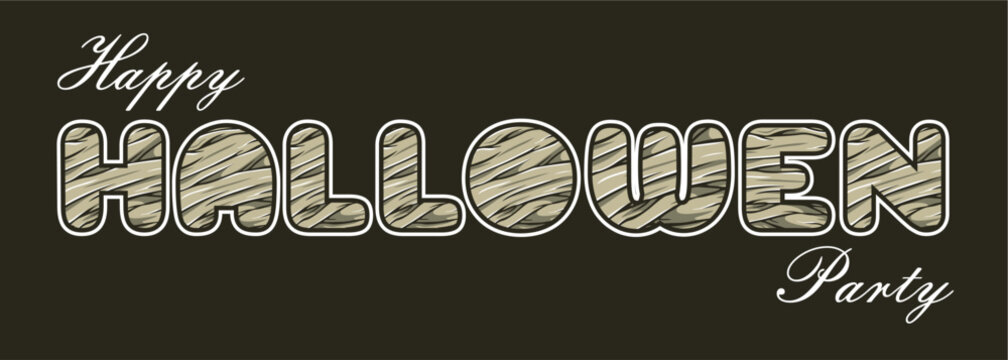 Halloween vector horizontal banner. Mummy bandage design lettering, with typical spooky event ghost illustration