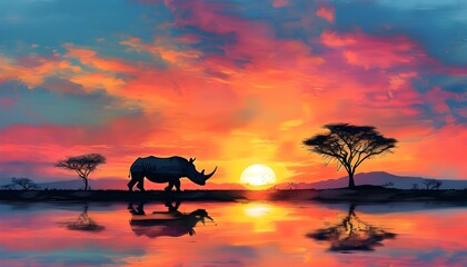 Rhino Silhouette Against Vibrant Sunset Over African Savannah: A Celebration of Wildlife Conservation and Ecosystem Preservation