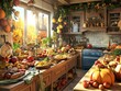 © TSUCHAXAYA - Cozy autumn kitchen with an abundance of fresh fruits and vegetables, bathed in warm sunlight through the window, capturing the essence of fall.