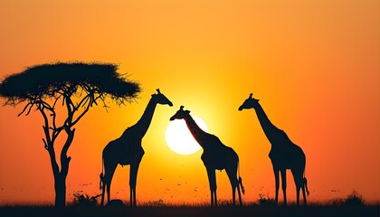 Giraffe Silhouette Against a Vibrant Sunset in the African Savannah, Celebrating Wildlife and Ecosystem Conservation in Kenya