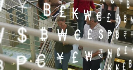 Poster - Animation of currency symbols over diverse colleagues walking down stairs