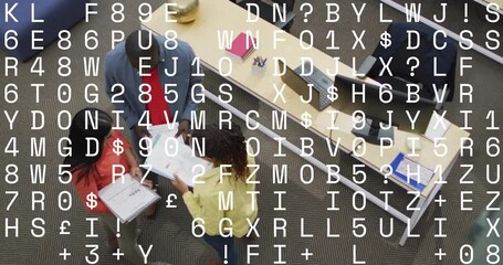 Poster - Animation of changing letters and numbers over diverse colleagues discussing work in office