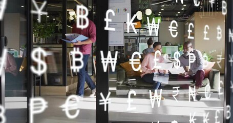 Poster - Animation of currency symbols over diverse colleagues discussing work in office