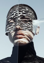 Wall Mural - A woman wearing a futuristic mask with abstract patterns, standing behind a glass panel, creating a distorted reflection.