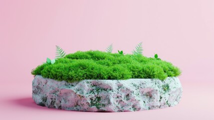 Canvas Print - Natural stone podium with green moss for showcasing organic cosmetics on pastel backdrop.