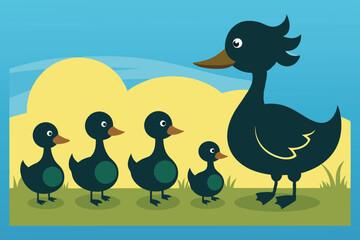 Wall Mural - little  ducks with mom silhouette O.eps