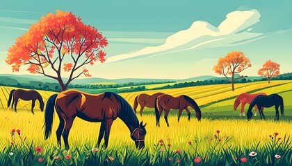 Wall Mural - Grazing Horse in a Lush Field: Embracing Farming Lifestyle and Agriculture Industry Through Simple Flat Illustration